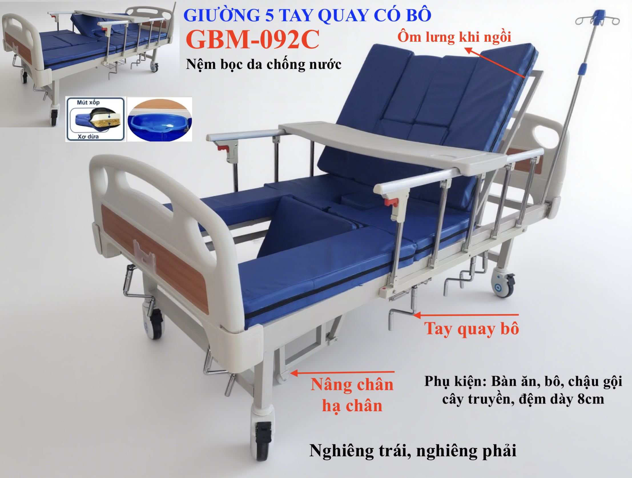 Giường bệnh 5 tay quay giá rẻ GBM-092C