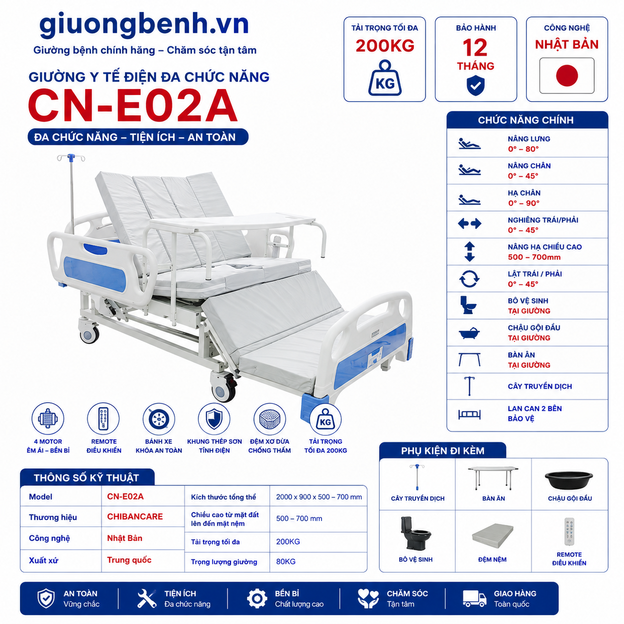 Giường Y Tế Điện Chibancare CN-E02A